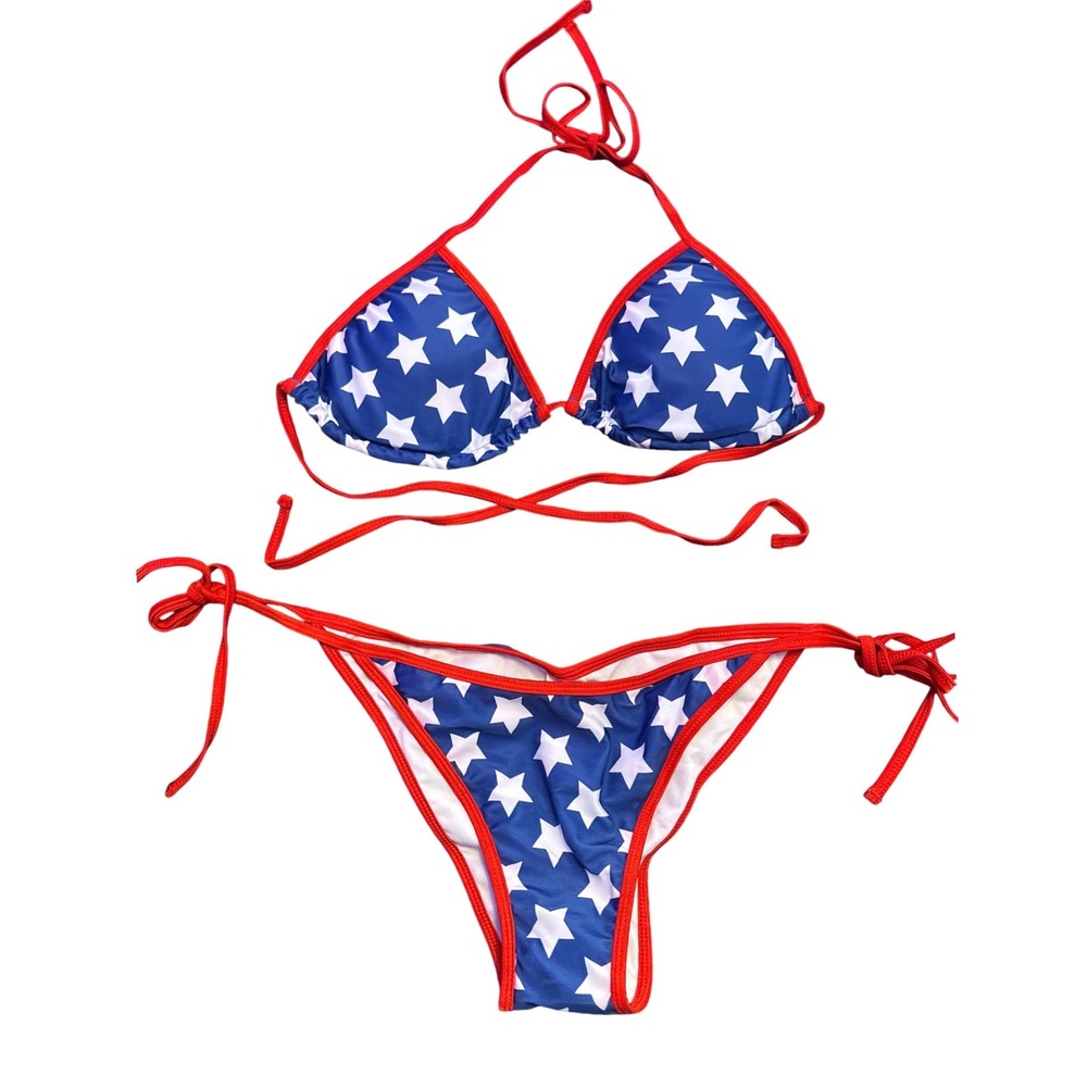 NEW Patriotic Stars String Bikini Set Red White Blue Ruched Cheeky Medium